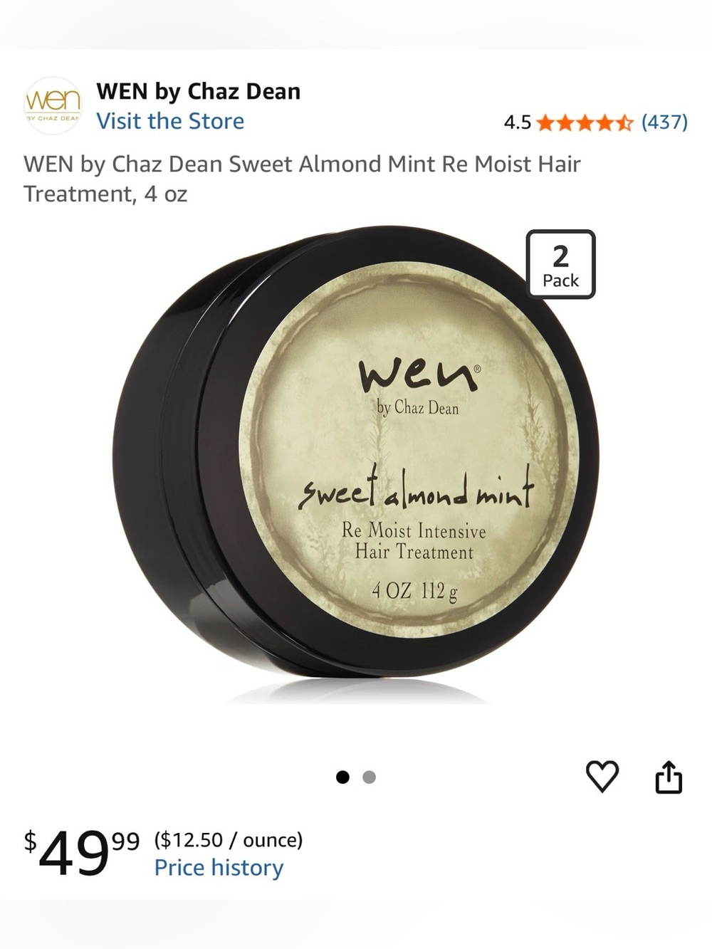 Wen by Chaz Dean Sweet Almond Mint Re Moist Hair Treatment - 2 Black Jar 4oz